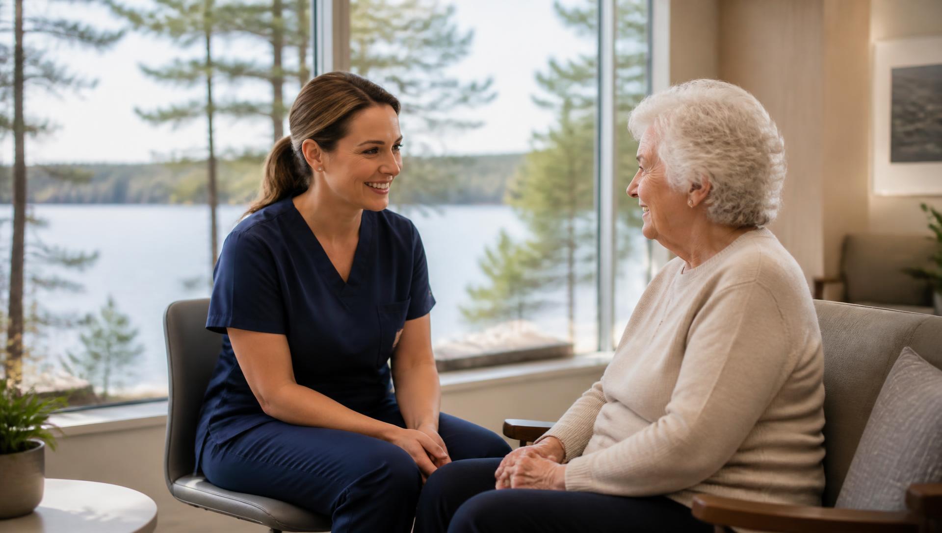Health care professional meeting with a senior resident in a bright Muskoka clinic
